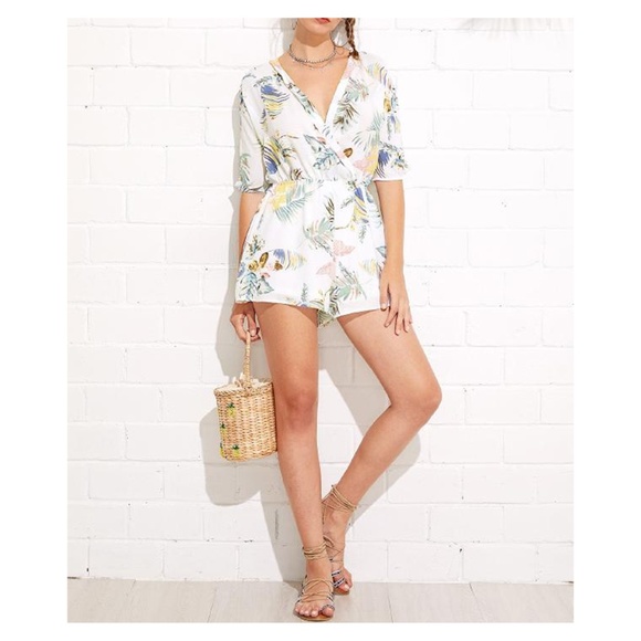 White Tropical Print 3/4 Sleeve Wrap Romper - Picture 3 of 5